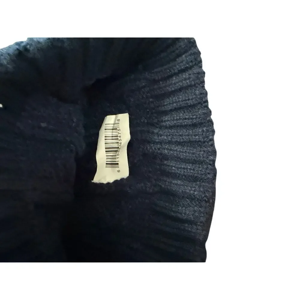 Winter Beanie Womens Cable Knit OS Navy Blue Pompom Faux Fur Hat